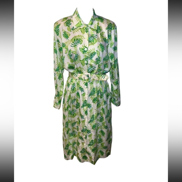 70-90s Tanner Green Lime Print Dress With Belt - Picture 1 of 11